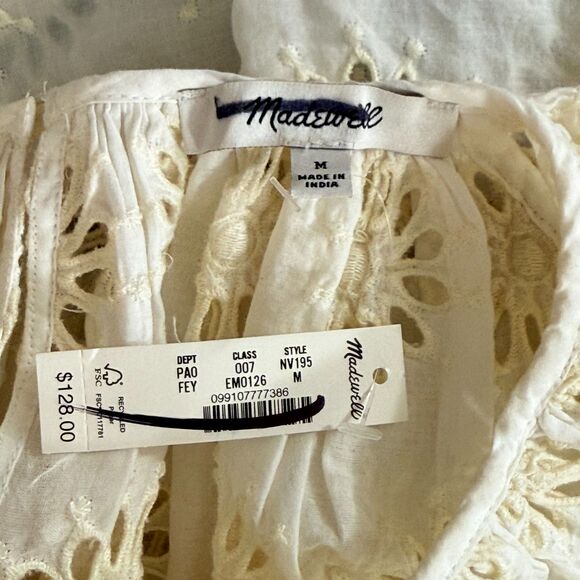 MADEWELL Embroidered Shirred Puff-Sleeve Top M Floral Eyelet Ivory Swing NWD B38 - Picture 8 of 8